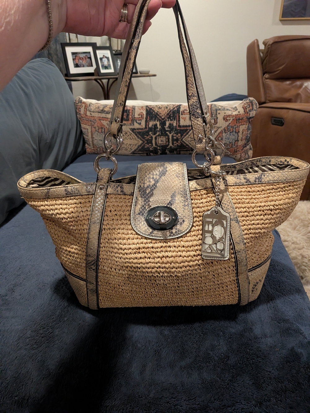 COACH Hampton Woven Straw Tote with Snakeskin Trim - Natural